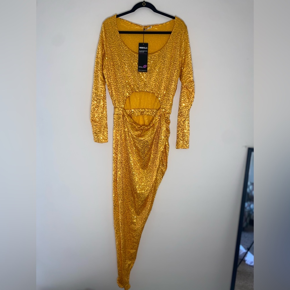 REBDOLLS Plus “Golden Hour” Cut-out Long Sleeve High Slit Sequin Dress 2x